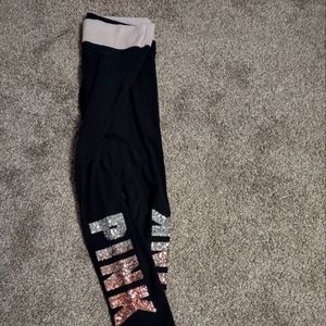 Black with glitter pink lettering yoga pants